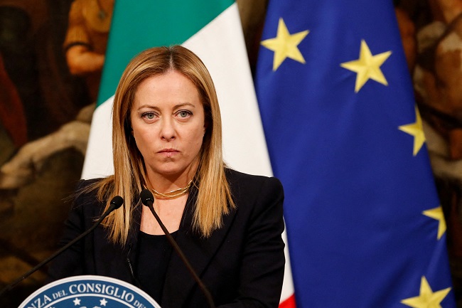 FILE PHOTO: Italian Prime Minister Giorgia Meloni attends a news conference at Chigi Palace, in Rome, Italy, January 10, 2023. REUTERS/Remo Casilli/File Photo