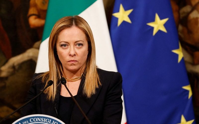 FILE PHOTO: Italian Prime Minister Giorgia Meloni attends a news conference at Chigi Palace, in Rome, Italy, January 10, 2023. REUTERS/Remo Casilli/File Photo